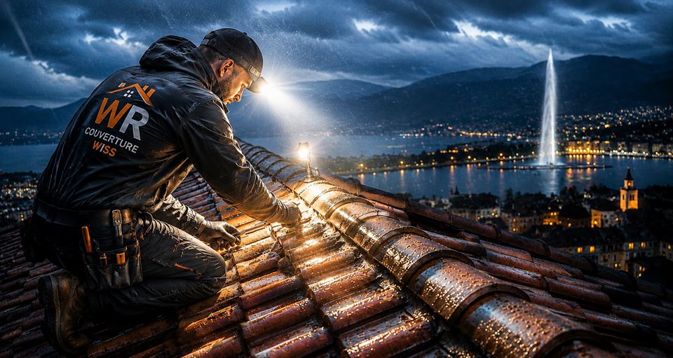 Image d’illustration : couvreur intervenant de nuit sous la pluie sur une toiture en tuiles, au-dessus de la rade de Genève